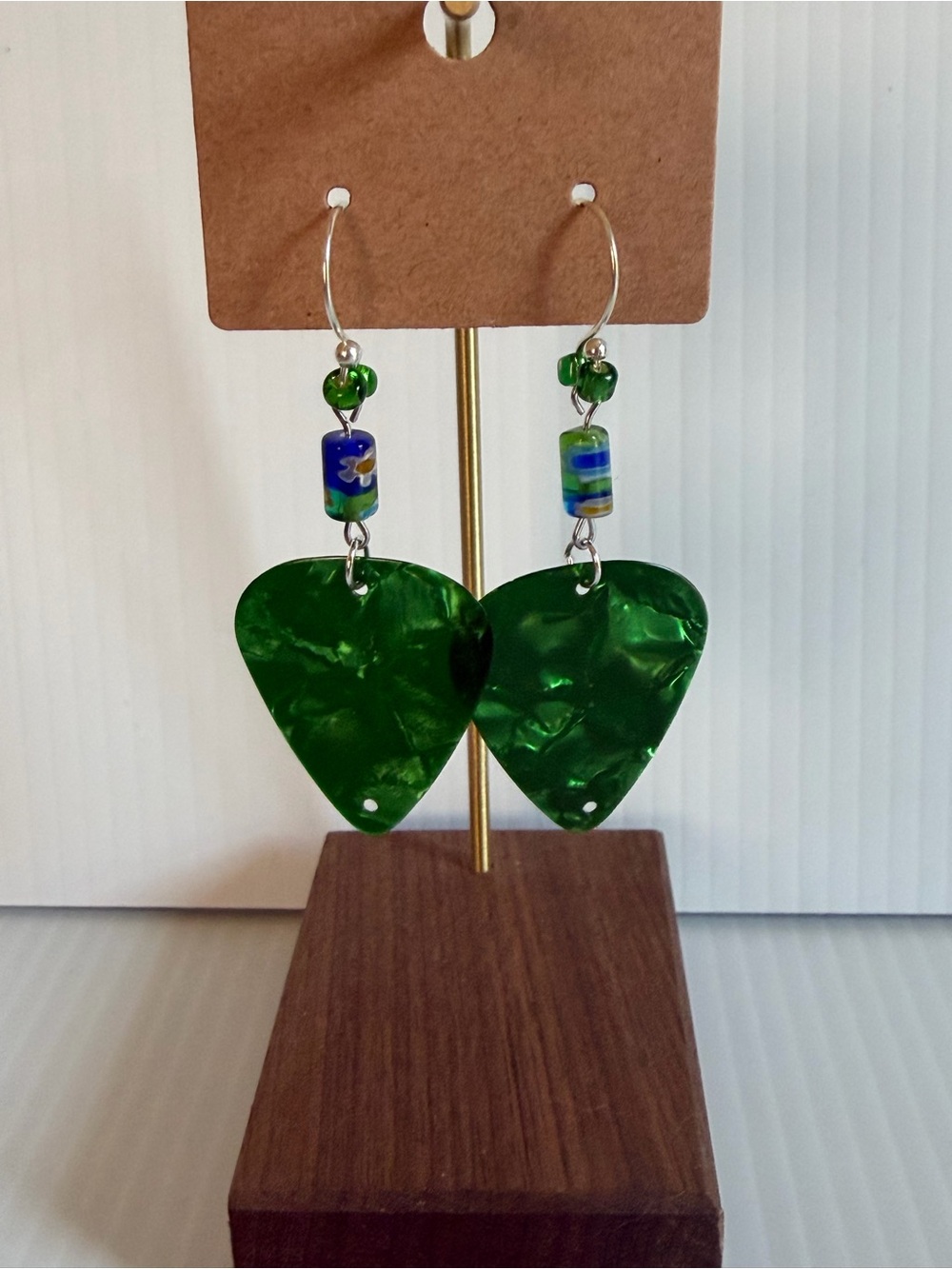 Handmade Green Guitar Pick Beaded Earrings